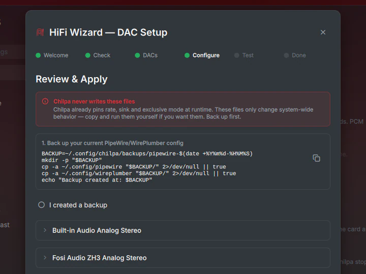 HiFi Wizard en el paso Review & Apply, con los comandos de PipeWire para el DAC detectado, que Chilpa nunca escribe por su cuenta
