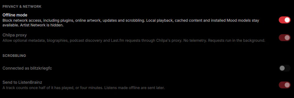 Ajustes con el modo offline encendido: el proxy de Chilpa y el scrobbling quedan deshabilitados